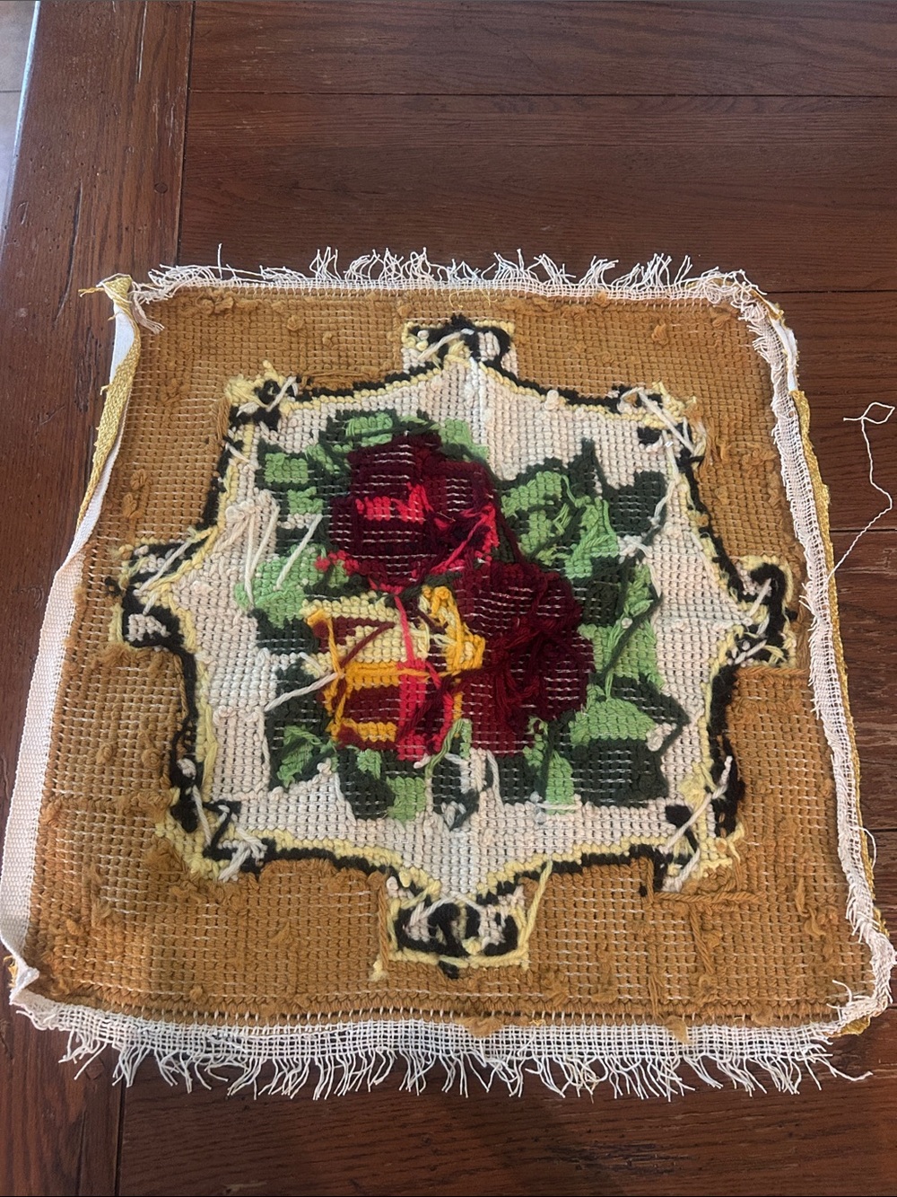 Vintage Floral Needlepoint art - Mustard, Red & Green - Picture 2 of 2